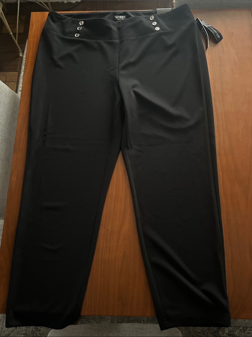 Soho Black Women’s Stretch Dress Pants with Button-Accent Waist